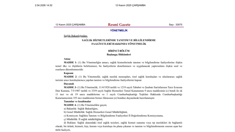 SAĞLIK TESİSLERİ REKLAM VE TANITIM YÖNETMELİĞİ - 12.11.2025